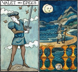  - Illustration pour le jeu de tarot Marseille-Waite, Valet d'Epées et 8 de Coupes