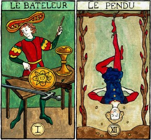  - Illustrations for the tarot deck of Marseille-Waite. Le Bateleur et le Pendu