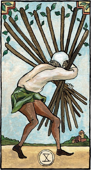 Jeu de tarot Marseille-Waite 10 de batons par Alice Laverty