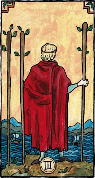 Illustrations for the tarot deck of Marseille-Waite.  3 de Bâtons par Alice Laverty