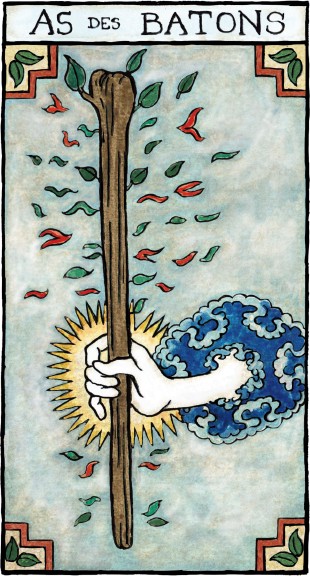 Illustrations for the tarot deck of Marseille-Waite.  As de batons par Alice Laverty