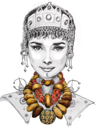  - Portrait d'Audrey Hepburn coiffée à la berbère. Commande pour des impressions textile. 